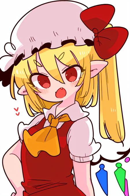 05649-2762144181-skistyle, 1girl, flandre scarlet, blonde hair, hat, mob cap, red vest, wings, yellow ascot, vest, red eyes, ascot, solo, short s.png